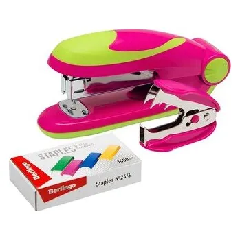 Děrovačka Zestaw Fuze zszywacz różowo-zielony 24/6, 26/6, rozszywacz i zszywki kolorowe, Berlingo