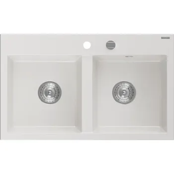 Granitový dřez MEXEN - Hektor granitový dřez 2-bowl 800 x 480 mm, bílá, sifon chrom 6521802000-20 MEXEN