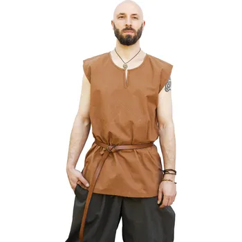 Karnevalový kostým Battle Merchant Jednoduchá středověká tunika bez rukávů Clement, béžovo-hnědá
