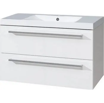 Koupelnový nábytek EBS Exkluzivní Závěsná Skříňka PURE 120x46 cm s Umyvadlem z Litého Mramoru, Dvoubarevný Design Bílá/Dub, Tiché Dvířka Soft-Close, V 53 cm barva dřeva: bílá lesklá