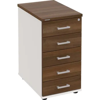 Zásuvkový kontejner K 35 C N – Kontejner, 5 zásuvek, cent. zamykání, léta napříč, hl. 60 cm - Ořech , Bílá , USH – hranatá