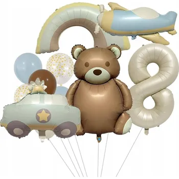 Balónek Sada balónků NAROZENINY MEDVÍDEK LETADLO AUTÍČKO pastelové RETRO číslice 8