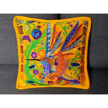 Dekorativní polštářek Polštář vyšívaný (kolibřík, žlutý, 48x48 cm)