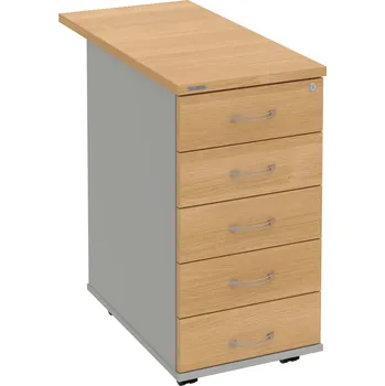 Zásuvkový kontejner K 35 C N 80 – Kontejner, 5 zásuvek, cent. zamykání, léta napříč, hl. 80 cm - Dub , Šedá , USN – Hobis