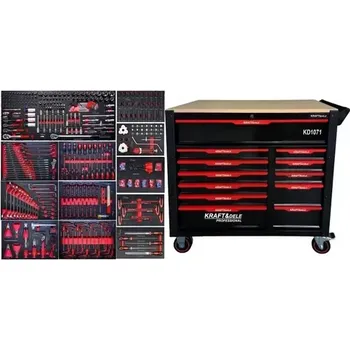 Dílenský vozík, vybavený, 12 zásuvek, dřevěná deska, 541 ks nářadí (Dílenský vozík, vybavený, 12 zásuvek, dřevěná deska, 541 ks nářadí)