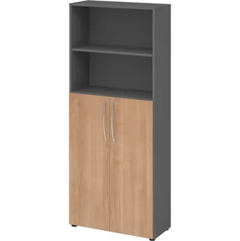 Jednací stůl Kancelářský kombinovaný regál na složky/pořadače, zahnuté madlo, 800 x 346 x 1880 mm, grafit/ořech