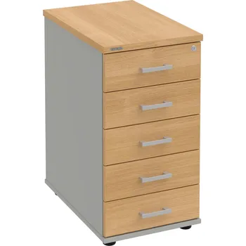 Zásuvkový kontejner K 35 C P – Kontejner, 5 zásuvek, cent. zamykání, léta podél, hl. 60 cm - Dub , Šedá , USH – hranatá