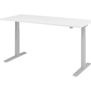 Jednací stůl Výškově nastavitelný psací stůl, elektrický, s tlačítkem, C-noha, 1800 x 800 mm, bílý/stříbrný