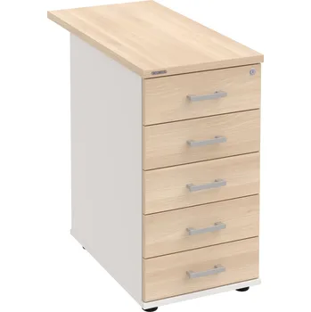 Zásuvkový kontejner K 35 C P 80 – Kontejner, 5 zásuvek, cent. zamykání, léta podél, hl. 80 cm - Akát , Bílá , USH – hranatá