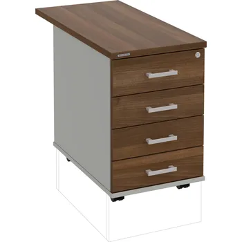 Zásuvkový kontejner K 34 C P 80 – Kontejner, 4 zásuvky, cent. zamykání, léta podél, hl. 80 cm - Ořech , Šedá , USH – hranatá