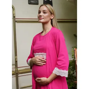 Těhotenské noční prádlo Těhotenský set sytě růžový bavlněný (těhotenská - kojící noční košilka + župánek) Velikost: S