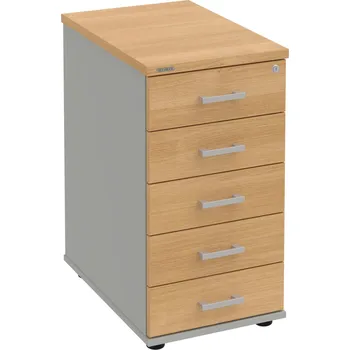 Zásuvkový kontejner K 35 C N – Kontejner, 5 zásuvek, cent. zamykání, léta napříč, hl. 60 cm - Dub , Šedá , USH – hranatá