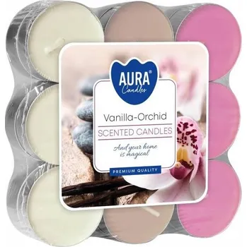 Svíčka Parafínová čajová svíčka VANILKA - ORCHIDEJ Aura 18 ks