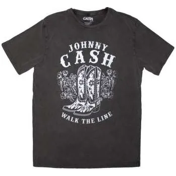 Zahraniční hudba Merch Johnny Cash: Johnny Cash Unisex Stone Wash T-shirt: Walk The Line Boots (charcoal Grey) (large) L