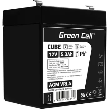Trakční baterie *Green Cell Olověný akumulátor 12V 5.3Ah (AGM baterie Green Cell – spolehlivé bezúdržbové akumulátory s dlouhou životností. Vhodné pro záložní zdroje, solární systémy, lodě, karavany i elektrovozítka. Bezpečný provoz a vysoká odolnost.)