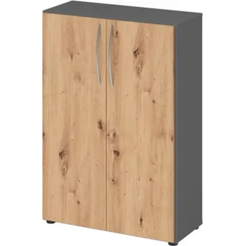 Jednací stůl Kancelářská skříň, na složky/pořadače, 2 police, zahnuté madlo, 800 x 346 x 1144 mm, grafit/dub