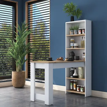 Jídelní stůl Barový stůl s regálem MILFORD bílá/ořech