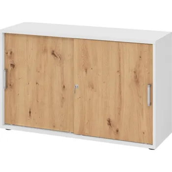 Jednací stůl Skříň s posuvnými dveřmi, na složky/pořadače, 1200 x 400 x 748 mm, bílá/ dub