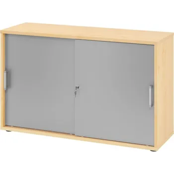 Jednací stůl Skříň s posuvnými dveřmi, na složky/pořadače, 1200 x 400 x 748 mm, javor/stříbrná