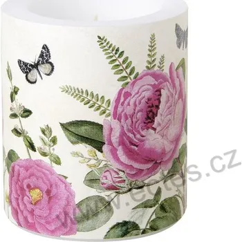Svíčka IHR METTE velká dekorativní svíčka růžové rozkvetlé růže a noční motýlci