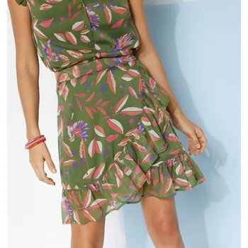 Dámská sukně Voálová sukně se zavinovacím efektem a volánem khaki/korálová 34/36