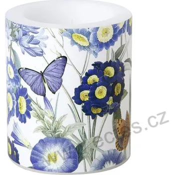 Svíčka IHR BLUE VELVET velká dekorativní svíčka modré rozkvetlé květiny a barevní motýlci