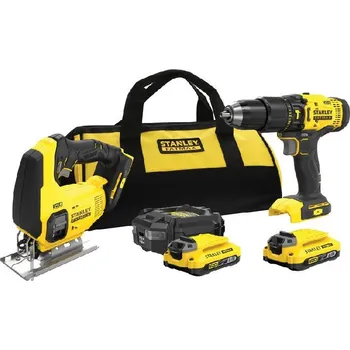 Stanley Nářadí - 18V AKU sada příklepové vrtačky a přímočaré pily, 2x aku 2,0 Ah Li-Ion, nabíječka SFMCK212D2S-QW