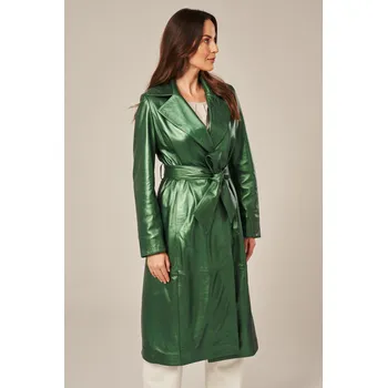 Stylový dlouhý dámský kožený kabát zelený (XXL - 46)