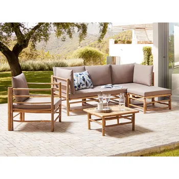 Zahradní sestava Zahradní modulární rohová sedací souprava taupe bambusové polštáře 4 místa s křeslem konferenční stolek boho design Beliani