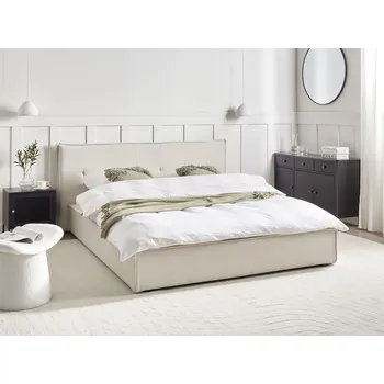 Postel Vodní postel krémová bílá lněná látka čalounění 160 x 200 cm černé nohy rám postele s čelem lamelový rošt nábytek do ložnice Beliani