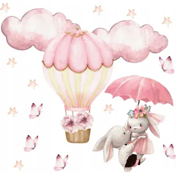 Obraz Nálepky na zeď pro holčičku Králíčci Růžový Balón Mráčky do pokoje