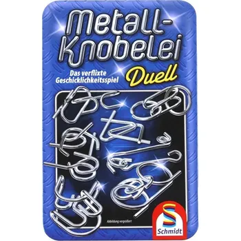 Hlavolam Schmidt sada kovových hlavolamů Duell v plechové krabičce