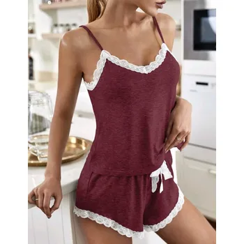Dámské pyžamo Dámské letní pyžamo s krajkou Barva: Vínová, Velikostní tabulka: S