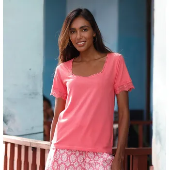 Dámské tričko Tričko se čtvercovým výstřihem a krajkou růžové dřevo 54