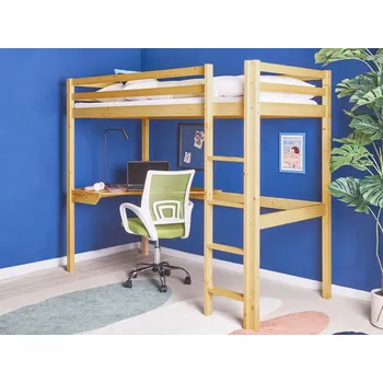 Postel Vyvýšená dětská postel světle hnědá borovicové dřevo 90 x 200 cm jednolůžko s žebříkem lamelový rám psací stůl dětský pokoj Beliani