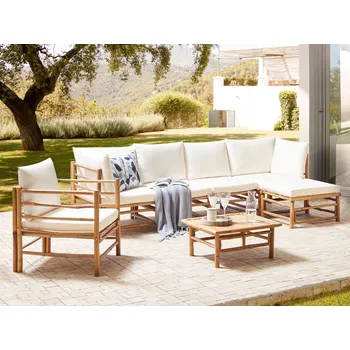 Sedací souprava Zahradní modulární rohová sedací souprava off-white bambusové polštáře 5 míst s křeslem a konferenčním stolkem boho design Beliani