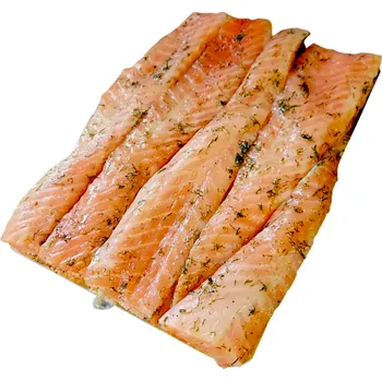 konzervovaná ryba Břiška lososa s koprem – bez kůže, solené (2–5 cm) mražené