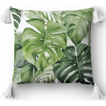 Polštář Dekorační Polštář 45x45 cm s květinovým vzorem Monstera, boho styl, zelená