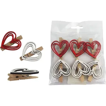 Kolíčky srdíčka červeno bílá 6 ks 4,5 x 4cm