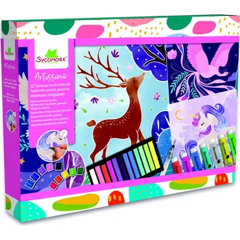 Výtvarná sada Artissimo - XXL kreativní sada – akvarel, pastely a akrylové barvy - magická zvířata