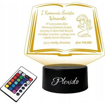 Dekorativní svítidlo LAMPA na SKLE Plexido Památka ke Komuni, Kniha 3D LED RGB+ DÁLKOVÝ OVLADAČ 16 BAREV