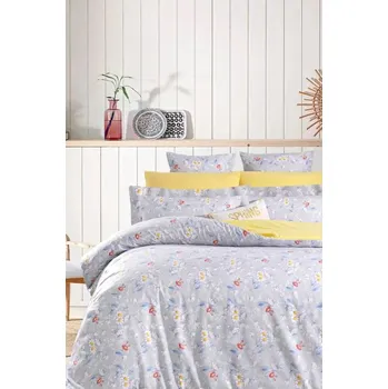 Povlečení Žluto-šedé prodloužené povlečení na dvoulůžko z bavlny Renforcé s prostěradlem/4dílné 200x220 cm – Mila Home ID_1736106