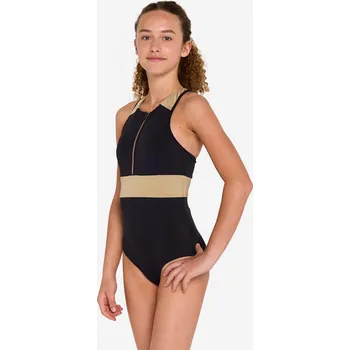 Dámské plavky DECATHLON Dívčí jednodílné plavky na surf se zády do Y a předním zipem 900 Calysta 8 LET ČERNÁ