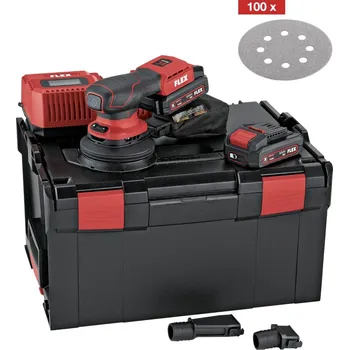 FLEX ORE 2-125 18-EC/2.5 Set, Aku excentrická bruska s regulací otáček bezuhlíková 18 V + Akce brusivo 100ks (Verze: 2x baterie 2,5 Ah a nabíječka, kufr)