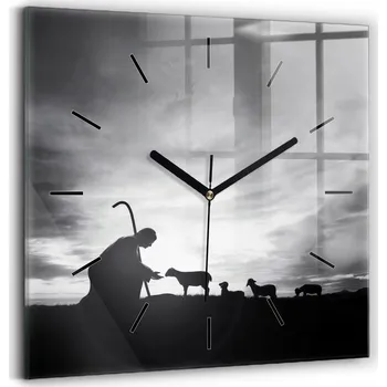 Hodiny Skleněné nástěnné hodiny tiché s potiskem Svatá Marie a ovečky 30x30