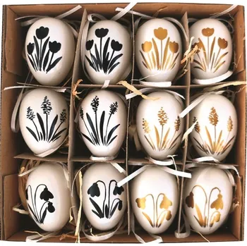 Velikonoční dekorace Anděl Přerov Vajíčka plastová s černým a zlatým dekorem na zavěšení 6 cm, 12 ks v krabičce