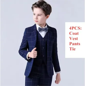 Stylový chlapecký oblek - sako, kalhoty, motýlek, vesta (ve velikosti od 80 do 160) Barva: tmavě modrá kostka, Velikost: 120 (5-6 let)