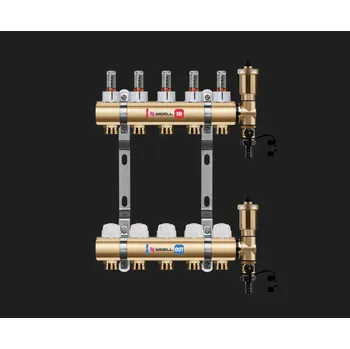 rozdělovač topení WIGELL Mosazný rozdělovač 4 okruhy, pro podlahového topení s hlavicemi a průtokoměry