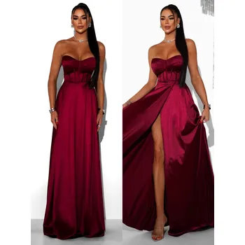 Dámské šaty Bordó saténové dlouhé šaty GYBRAL s korzetem Velikost: ONESIZE