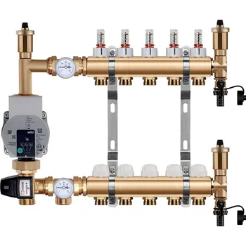 rozdělovač topení WIGELL Mosazný rozdělovač s čerpadlem 4 okruhy, pro podlahového topení s hlavicemi a průtokoměry